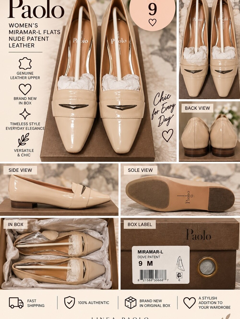 Linea Paolo  Beige Patent Leather Mary Jane Flats with Buckle